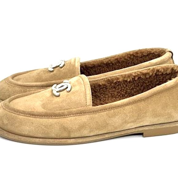 CHANEL REV Shearling Lined Suede Calfskin CC Loafers Moccasins Flat Shoes - Picture 7 of 15